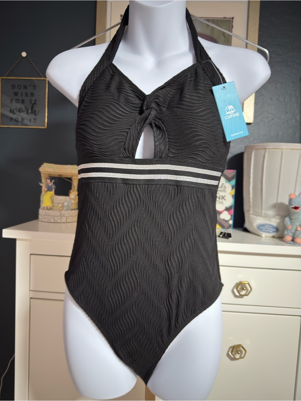 Cupshe Black Textured Halter One-Piece Swimsuit with Silver Stripe Detail